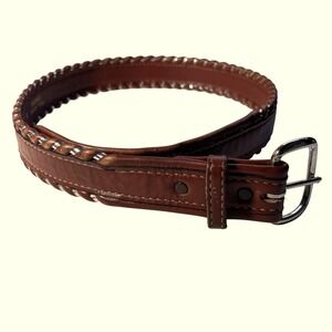 Vintage Dun Dee Full Grain Brown Leather Belt 34 Western Braided Silver Accent